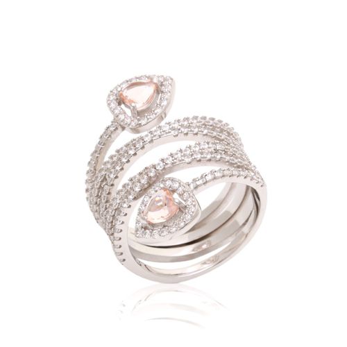Anel cristal morganita zirconia branca 2 corações trançados aro15