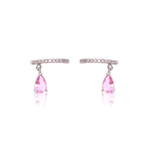 Brinco cristal turmalina rosa zirconia branca ear hook gotinha (par)
