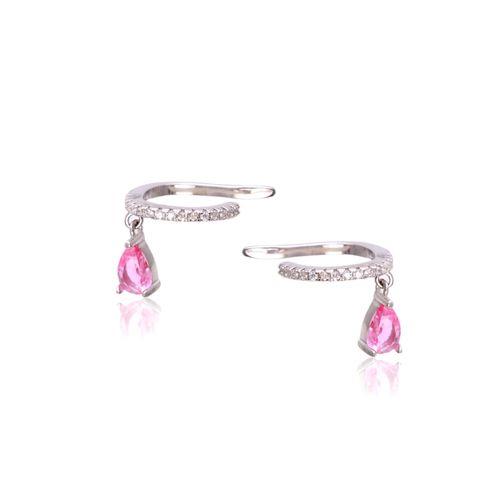 Brinco cristal turmalina rosa zirconia branca ear hook gotinha (par)