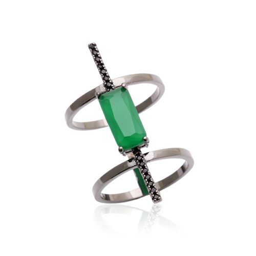 Anel Mini Retângulo Cristal Esmeralda Banho de Ródio Negro  aro11