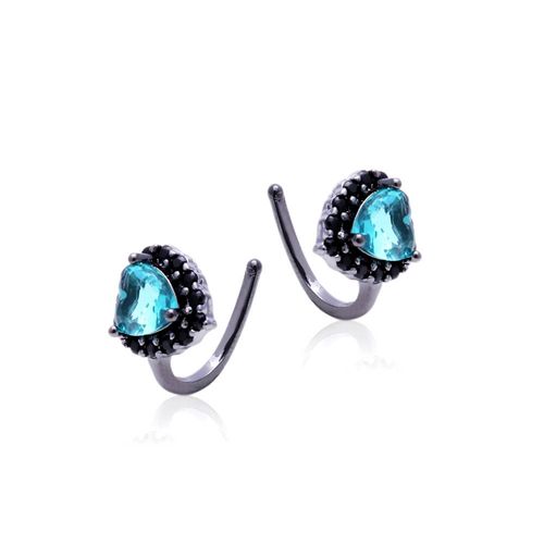 Brinco cristal paraiba zirconia negra piercing coração bordado