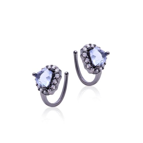 Brinco cristal tanzanita zirconia branca piercing coração bordado (par)