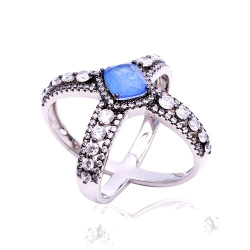Anel fusion tanzanita zirconia branca retangulo aranha x (super promoção) aro12
