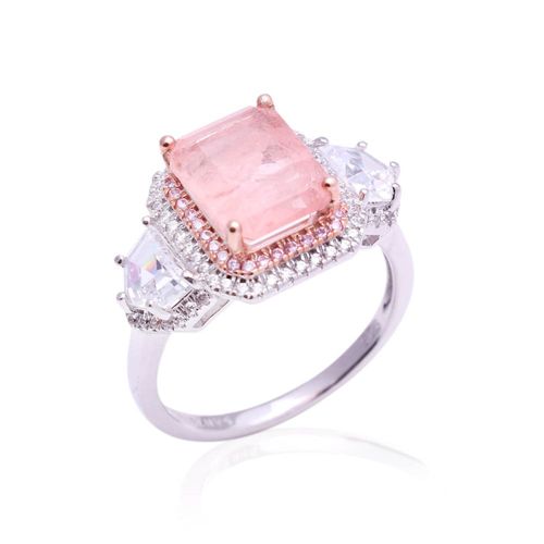 Anel fusion morganita zirconia rosa zirconia branca retangulo cravejado aro22