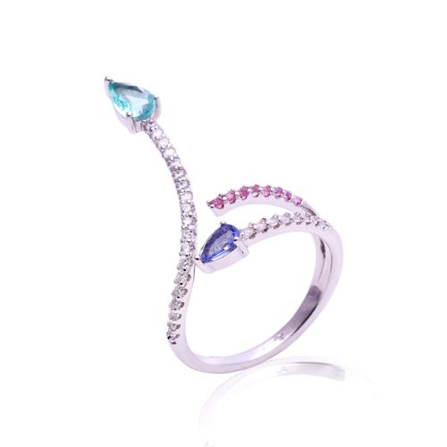 Anel cristal paraiba cristal tanzanita zirconia branca serpente aro19
