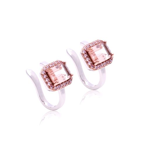 Brinco cristal morganita zirconia rosa piercing retangulos cravejado (par) (promoção 50%)