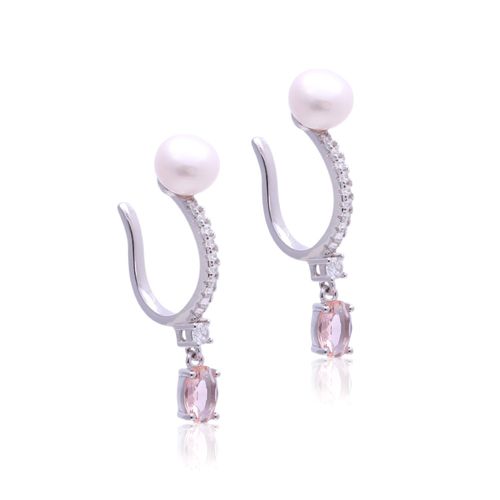 Brinco cristal morganita perola zirconia branca piercing oval com perola (par) (promoção 50%)