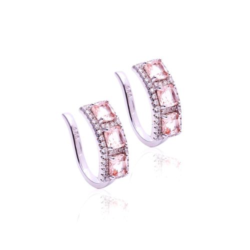 Brinco cristal morganita zirconia branca piercing 3 quadradinhos (par)