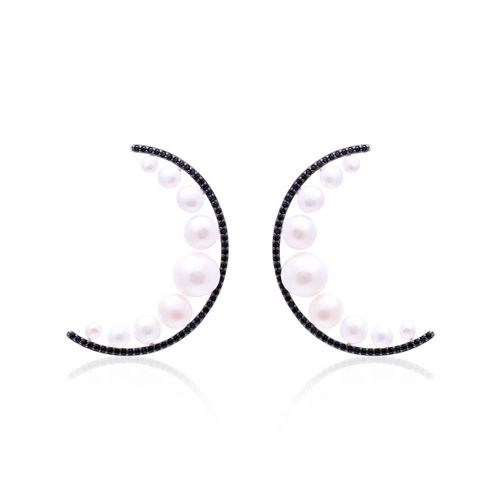 Brinco perola zirconia negra meia lua