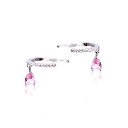 Brinco cristal turmalina rosa zirconia branca ear hook gotinha (par)