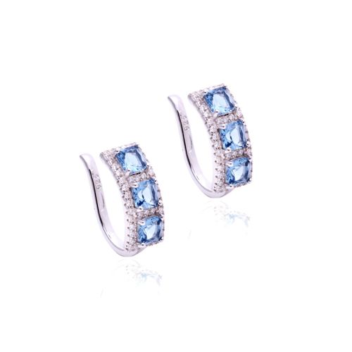 Brinco cristal london blue zirconia branca piercing 3 quadradinhos (par)