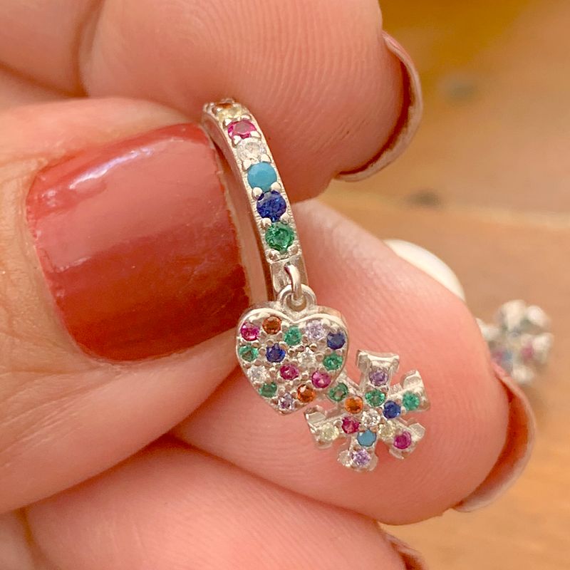 Brinco Ear Bling Coração Flocos Zircônia Roxa Prata 925