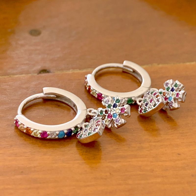 Brinco Ear Bling Coração Flocos Zircônia Roxa Prata 925