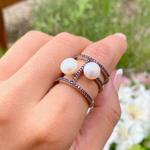 Anel perola zirconia chocolate aberto 2 pedras aro13