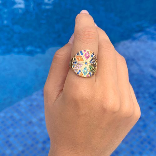 Anel nano turquesa zirconia vermelha zirconia azul escuro mandala balões aro19
