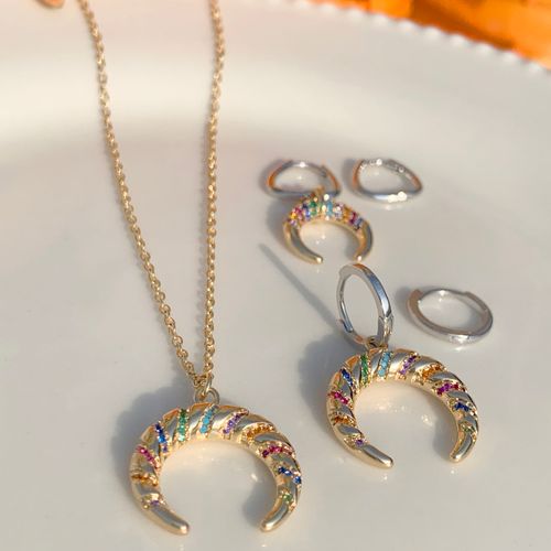 Brinco Ear Bling Chifre Médio Zircônia Colorida Banho de Ródio Branco