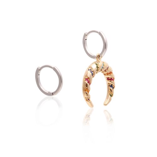 Brinco Ear Bling Chifre Médio Zircônia Colorida Banho de Ródio Branco