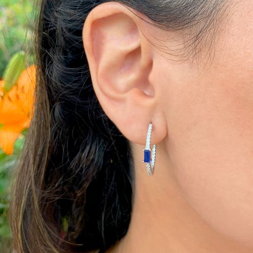 Brinco cristal safira zirconia branca argola retangulo fininho