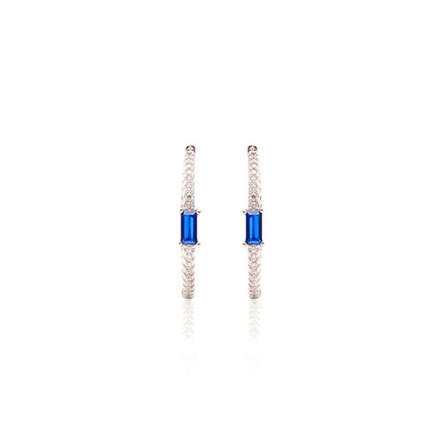 Brinco cristal safira zirconia branca argola retangulo fininho