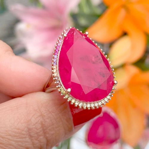 Anel fusion turmalina rosa zirconia colorida gotão bordado aro20