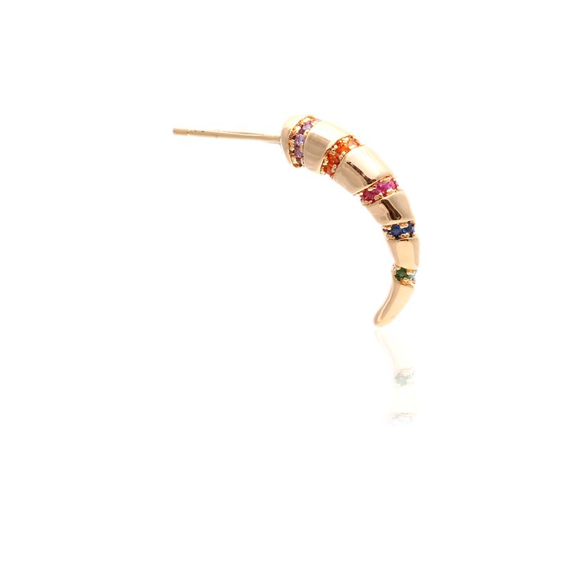 Brinco Chifre Italiano Cravejado de Zircônias Coloridas Banho de Ouro 18K
