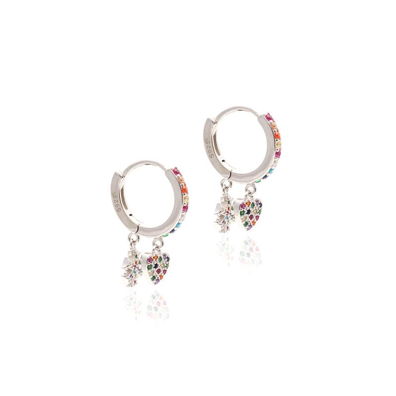 Brinco Ear Bling Coração Flocos Zircônia Roxa Prata 925
