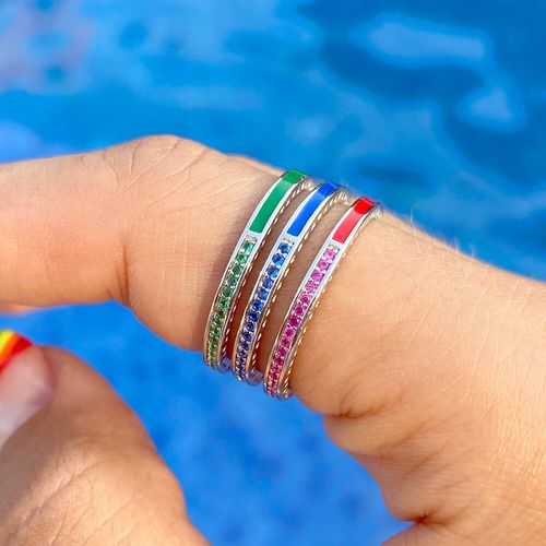 Anel zirconia vermelha zirconia azul escuro zirconia verde aliança fininha trio aro17