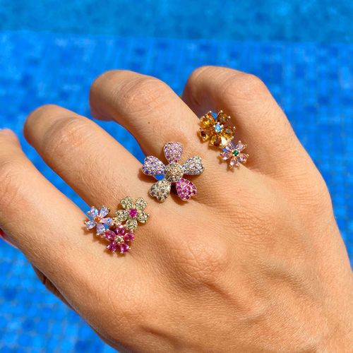 Anel cristal citrino cristal turmalina rosa cristal morganita flores aro17