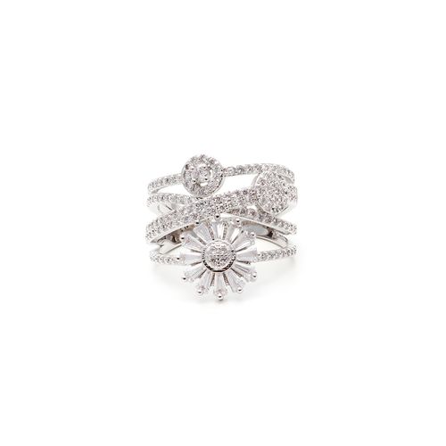 Anel zirconia branca trançado flor de baguetes aro18