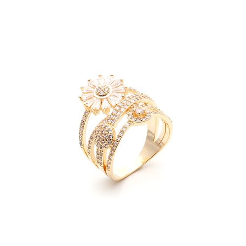 Anel zirconia branca trançado flor de baguetes aro14