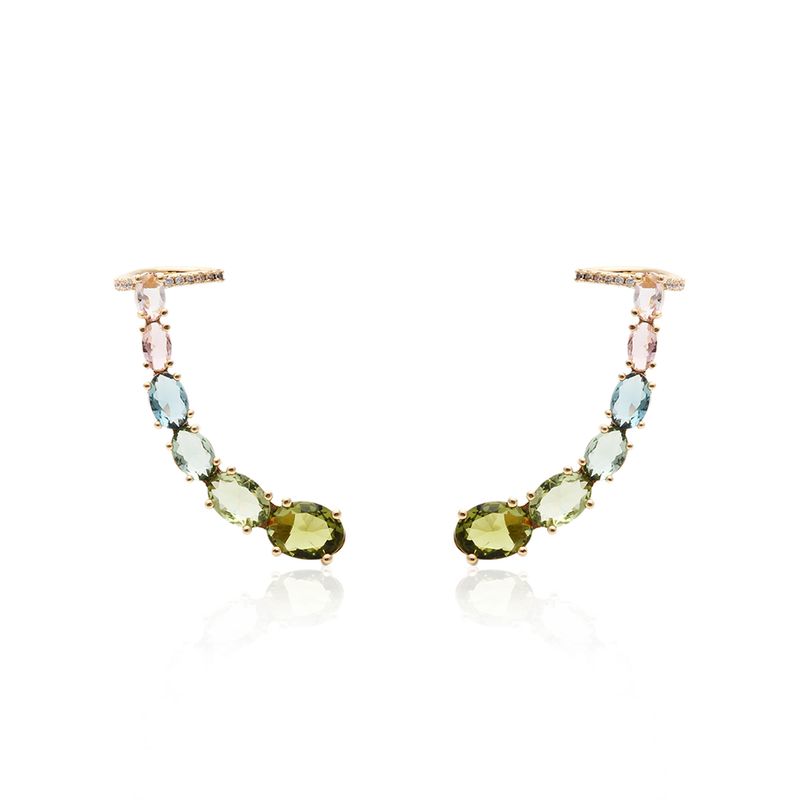Brinco Ear Cuff Ovais Cristal Peridoto Banho de Ouro 18K