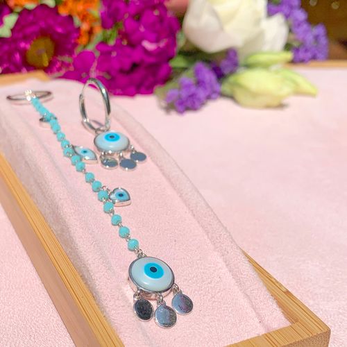 Brinco cristal turquesa madre perola ear bling olho grego longo (promoção 50%)