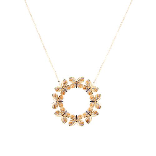 Colar zirconia colorida circulo borboletas 50cm