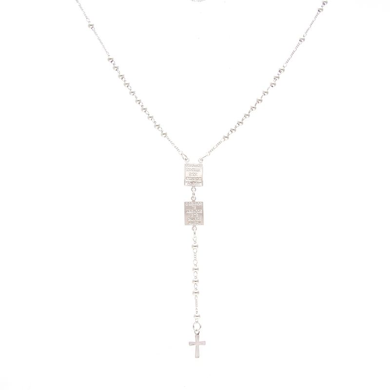 Colar Terço Medalha Liso Banho de Ródio Branco