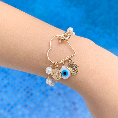 Pulseira perola esmalte/resina coração e proteção 17cm
