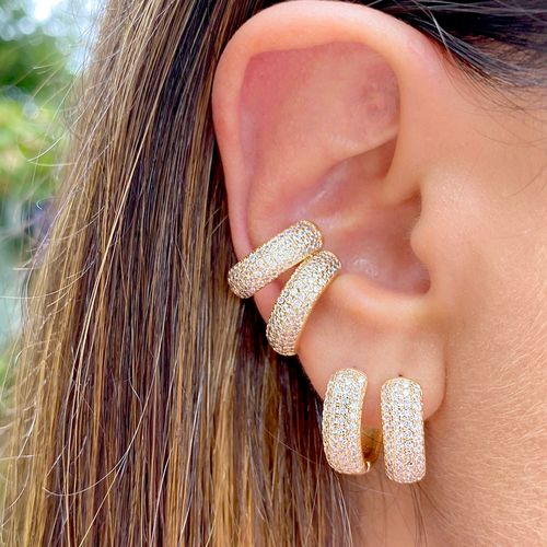 Brinco zirconia branca argola + piercing linhas ( g )