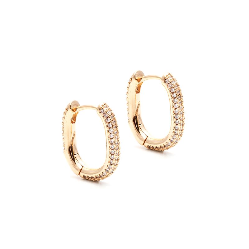 Brinco de Argola Oval Zircônia Branca Banho de Ouro 18K