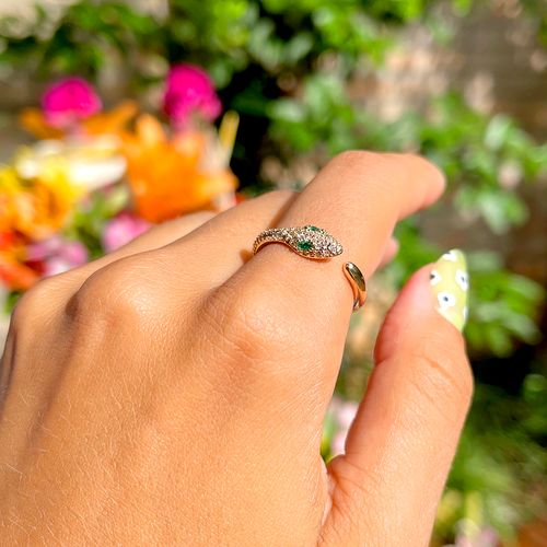 Anel cristal esmeralda zirconia branca serpente aro14