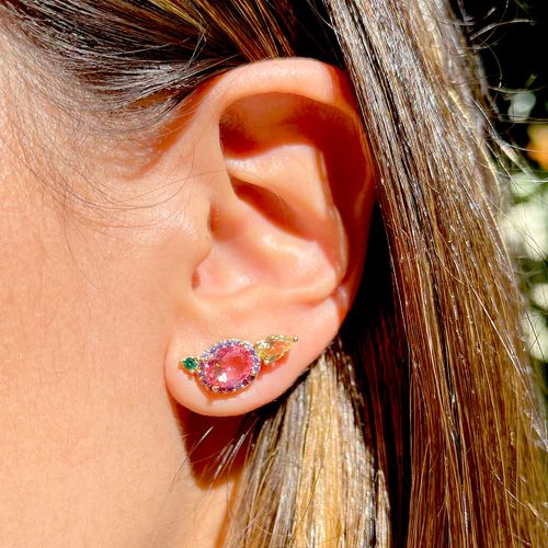 Brinco cristal turmalina rosa cristal citrino cristal esmeralda oval com gota