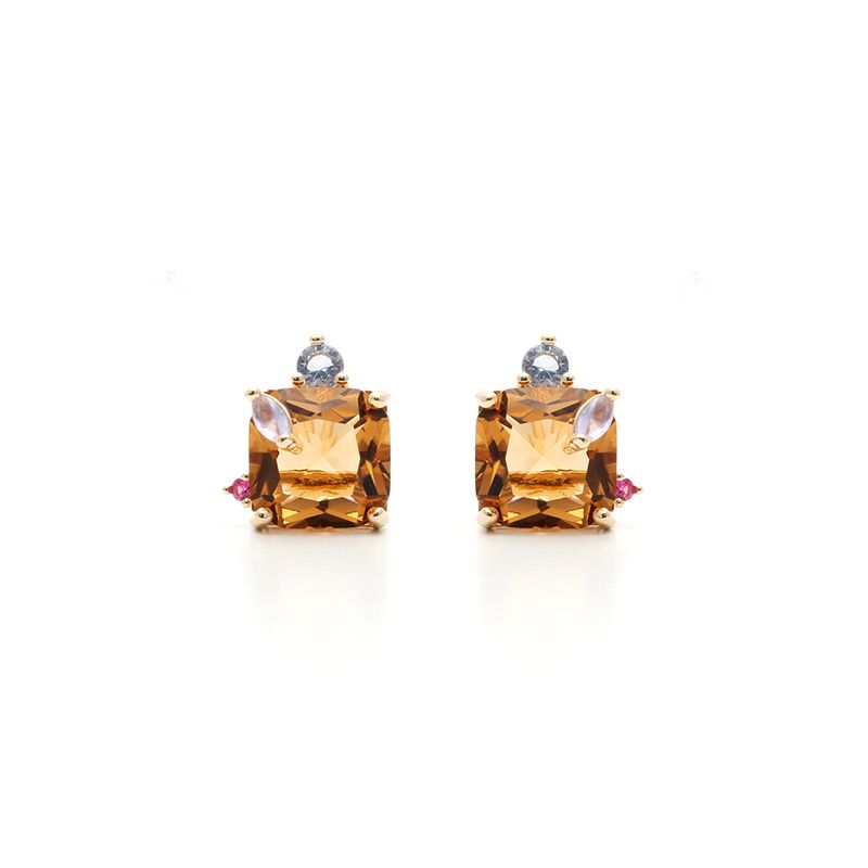 Brinco Quadrado Cristal Citrino Banho de Ouro 18K