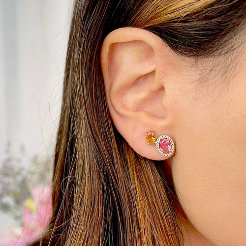 Brinco Oval Cravejado Cristal Turmalina Rosa Prata 925