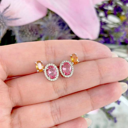 Brinco Oval Cravejado Cristal Turmalina Rosa Prata 925