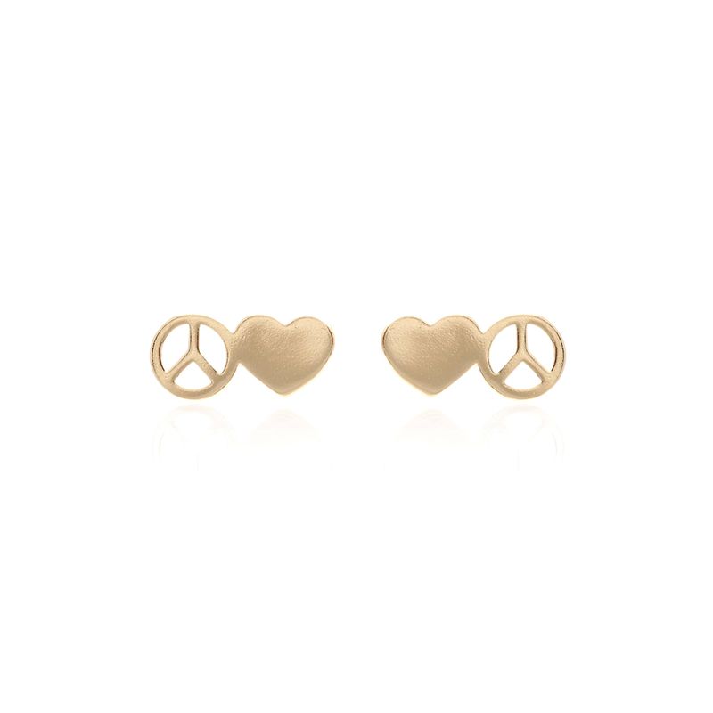 Brinco Paz e Amor Coração Banho de Ouro 18K
