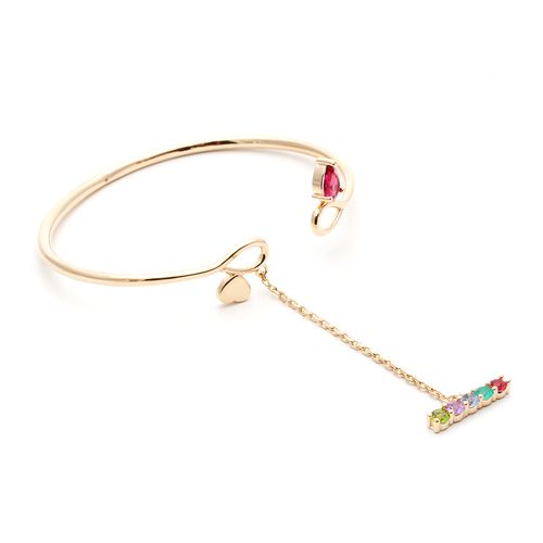 Bracelete Gota Coração Pingente Cristal Turmalina Rosa Banho de Ouro 18k