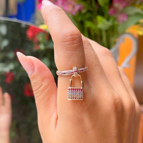 Anel Cadeado Zircônia Colorida Banho de Ouro 18K aro13 (super promoção)