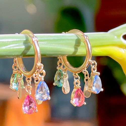 Brinco cristal paraiba cristal ametista cristal turmalina rosa argola gotas com chapinhas