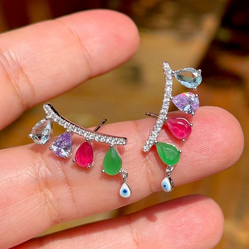 Brinco cristal esmeralda gotas com olho pendurado prata 925