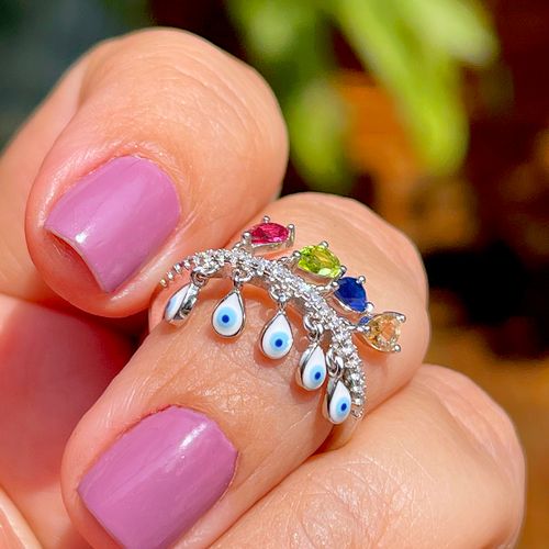 Anel Cristal Safira Gotas Olhos Pendurados Prata 925 aro16