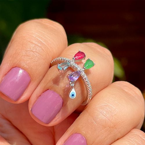 Anel Cristal Esmeralda Gotas com Olho Pendurado Prata 925 aro21