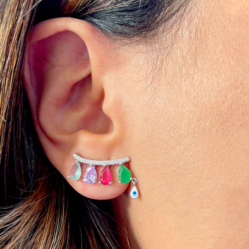 Brinco cristal esmeralda gotas com olho pendurado prata 925